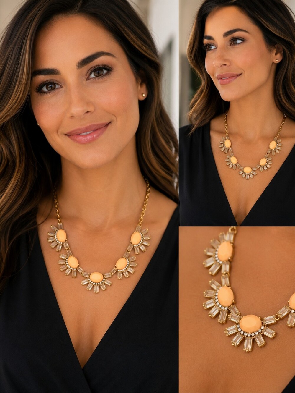 J.Crew Peach Statement Necklace Gold Tone Rhinestone Crystal 18"